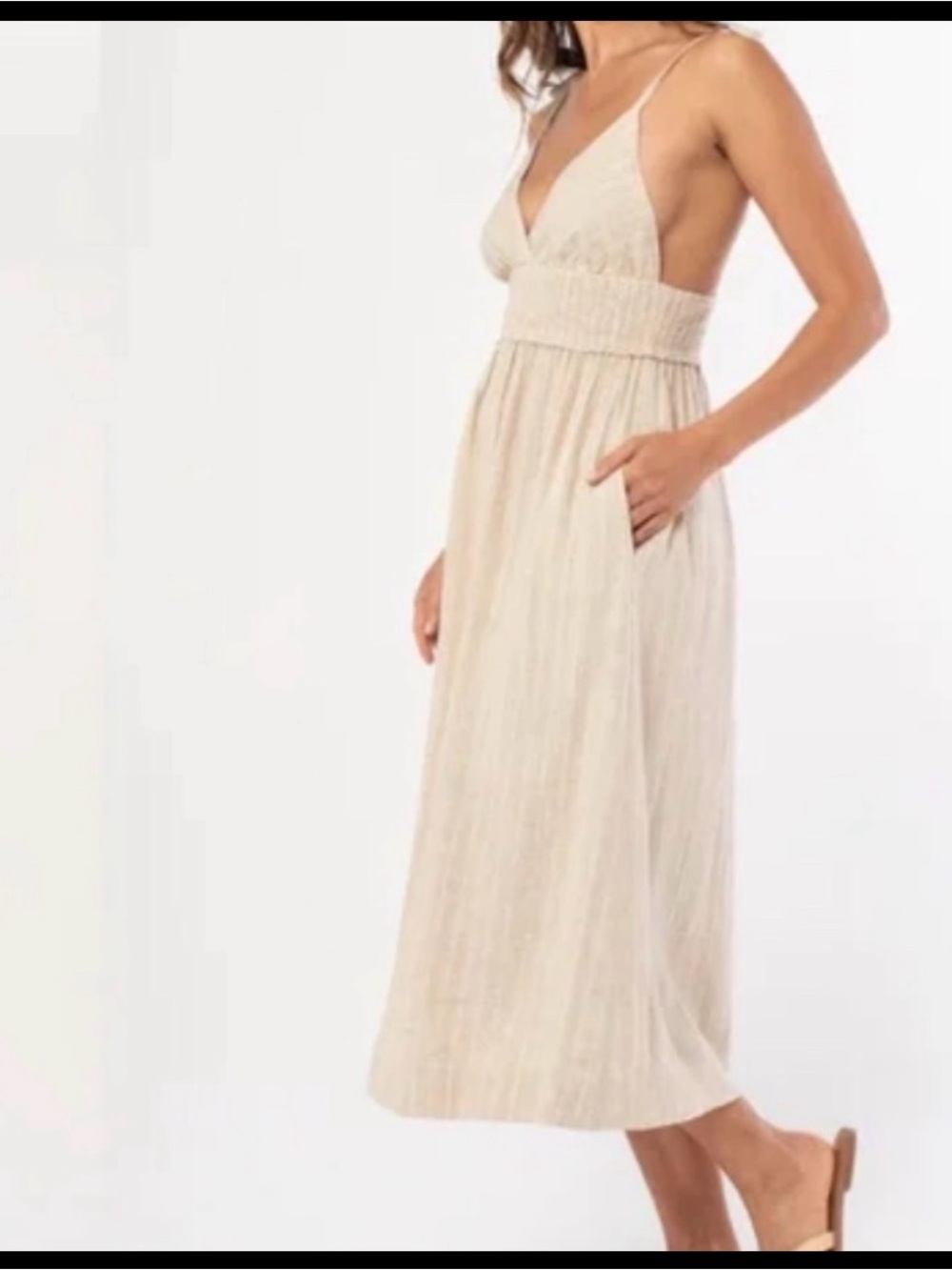 NWT Lovestitch Sunrise Highway Beige and White Linen/Rayon Midi Dress | Picnic